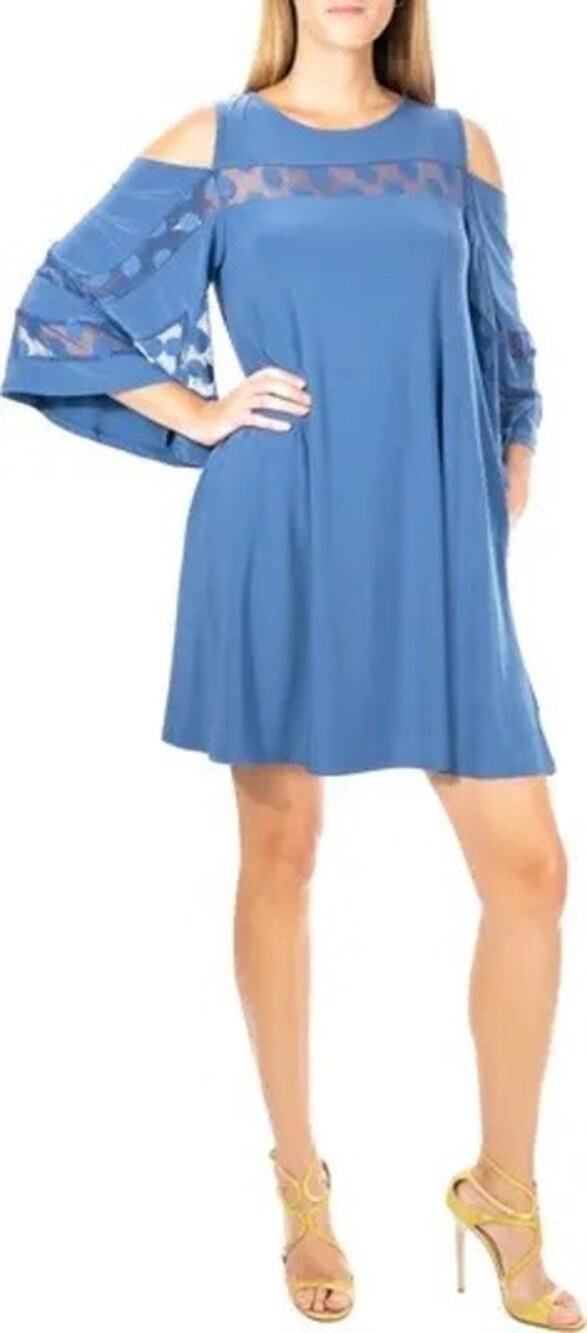 Nina Leonard Blue Moon Mesh Inlay Cold Shoulder Mini Shift Dress Medium NWT